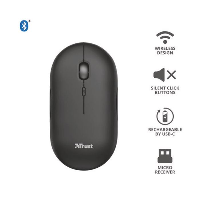 Trust PUCK MOUSE ULTRASOTTILE WIRELESS RICARICABILE CON DOPPIA CONNESSIONE BT + WL 2,4GHZ - NERO