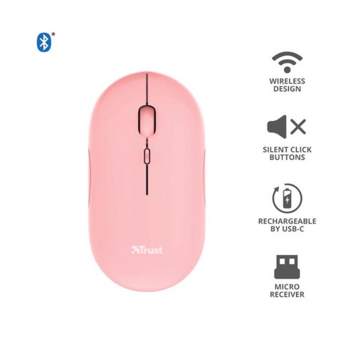 Trust 24125 PUCK MOUSE ULTRASOTTILE WIRELESS RICARICABILE CON DOPPIA CONNESSIONE BT + WL 2,4GHZ - ROSA