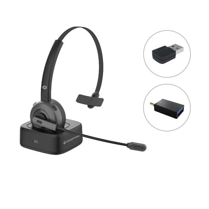 Conceptronic AURICOLARE WIRELESS BLUETOOTH con DOCK per ricarica, adattatore audio BT, Microfono