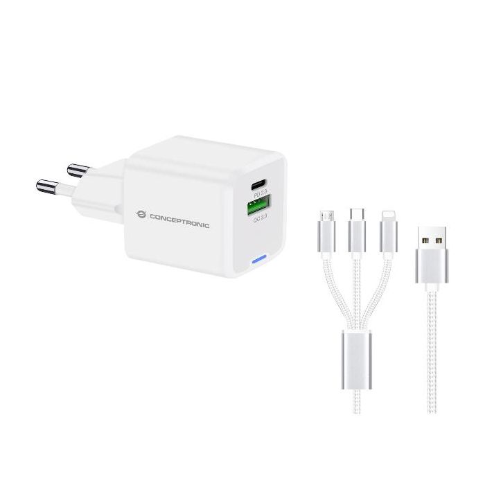 Conceptronic CARICATORE PD USB GaN 2-PORTE da 33W con cavo di ricarica 3 in 1, (1x USB-C, 1x USB-A, QC 3.0, PPS) - BIANCO