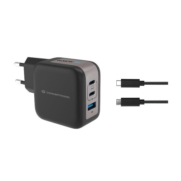 Conceptronic CARICATORE PD USB GaN 3-PORTE da 67 W con cavo di ricarica USB-C, (2x USB-C, 1x USB-A, QC 3.0, PPS) - NERO