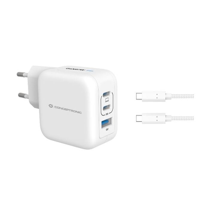 Conceptronic CARICATORE PD USB GaN 3-PORTE da 67 W con cavo di ricarica USB-C, (2x USB-C, 1x USB-A, QC 3.0, PPS) - BIANCO