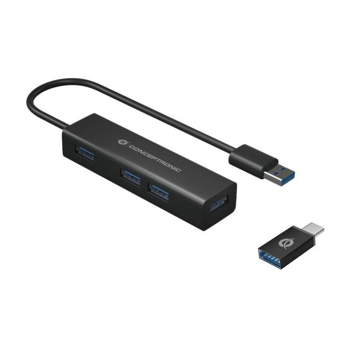 Conceptronic HUB USB 3.0 4-PORTE in ALLUMINIO con Adattatore da USB-C a USB-A