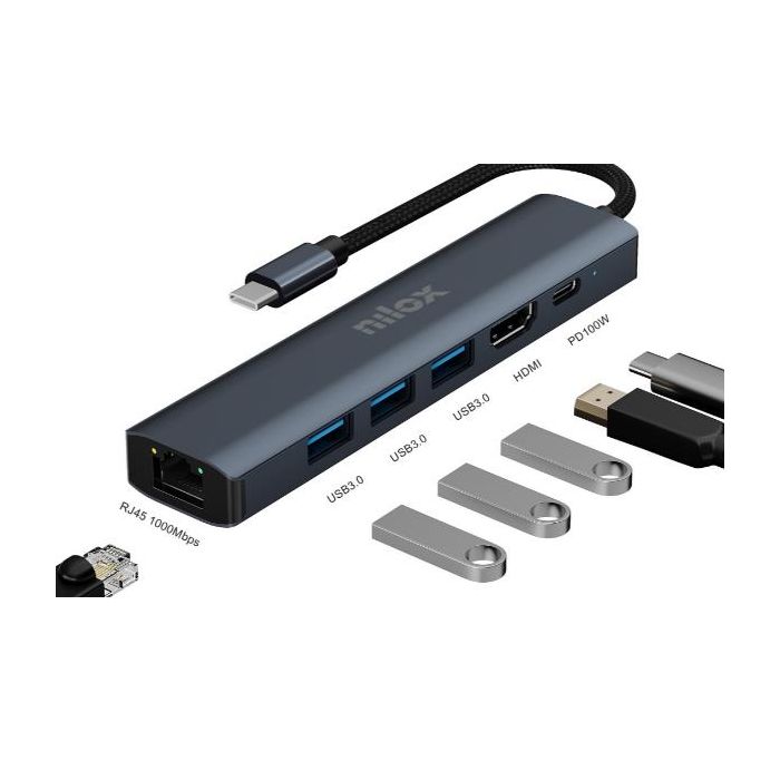 Nilox Docking station USB-C 6 in 1 HDMI, 3x USB 3.0, USB-C e RJ