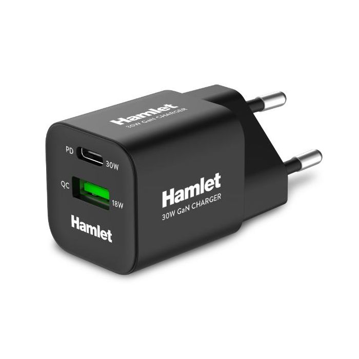 Hamlet XPDC-G3018Q Alimentatore GaN 30W PD USB-C + USB-A Quick Charger 18W