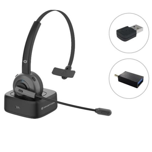 Conceptronic AURICOLARE WIRELESS BLUETOOTH con DOCK per ricarica, adattatore audio BT, Microfono