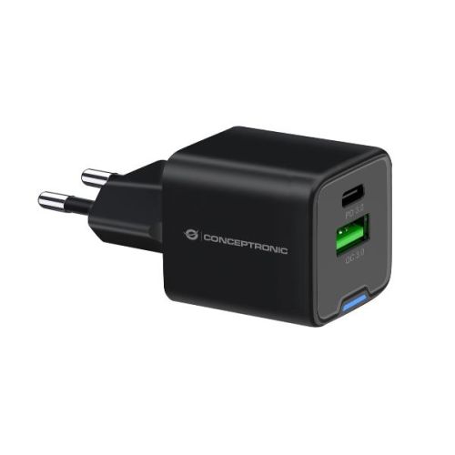 Conceptronic CARICATORE PD USB 2-PORTE 20W GaN (1x USB-C, 1x USB-A, QC 3.0, PPS) - NERO