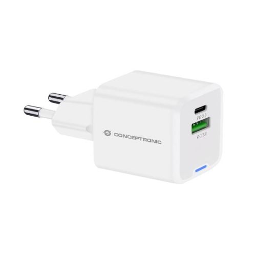 Conceptronic CARICATORE PD USB 2-PORTE 20W GaN (1x USB-C, 1x USB-A, QC 3.0, PPS) - BIANCO