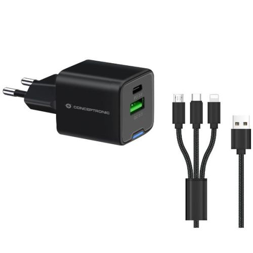 Conceptronic CARICATORE PD USB GaN 2-PORTE da 33W con cavo di ricarica 3 in 1, (1x USB-C, 1x USB-A, QC 3.0, PPS) - NERO