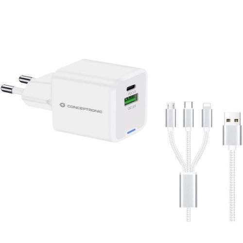 Conceptronic CARICATORE PD USB GaN 2-PORTE da 33W con cavo di ricarica 3 in 1, (1x USB-C, 1x USB-A, QC 3.0, PPS) - BIANCO