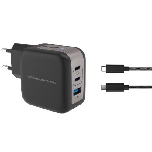 Conceptronic CARICATORE PD USB GaN 3-PORTE da 67 W con cavo di ricarica USB-C, (2x USB-C, 1x USB-A, QC 3.0, PPS) - NERO