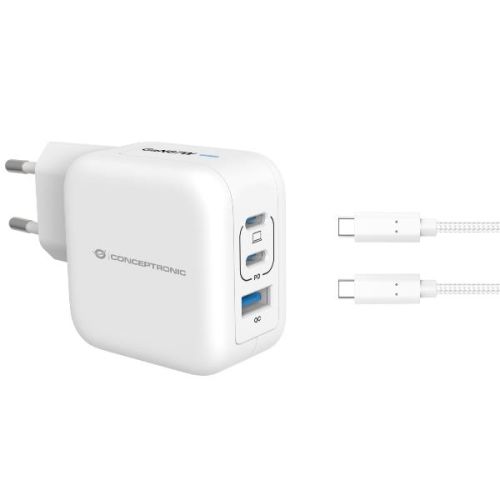 Conceptronic CARICATORE PD USB GaN 3-PORTE da 67 W con cavo di ricarica USB-C, (2x USB-C, 1x USB-A, QC 3.0, PPS) - BIANCO