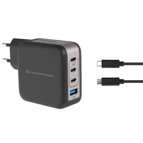 Conceptronic CARICATORE PD USB 4-PORTE 100W GaN con cavo di ricarica USB-C, (3x USB-C, 1x USB-A, QC 3.0, PPS) - NERO