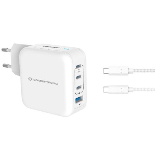 Conceptronic CARICATORE PD USB 4-PORTE 100W GaN con cavo di ricarica USB-C, (3x USB-C, 1x USB-A, QC 3.0, PPS) - BIANCO