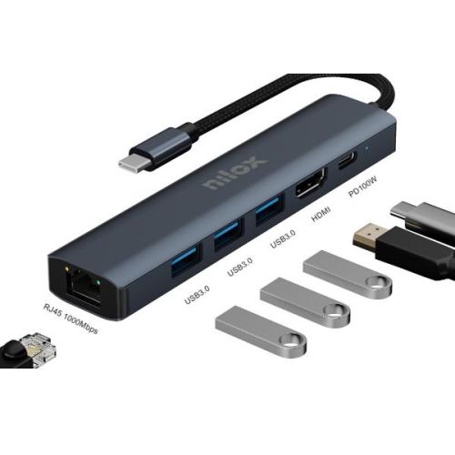 Nilox Docking station USB-C 6 in 1 HDMI, 3x USB 3.0, USB-C e RJ