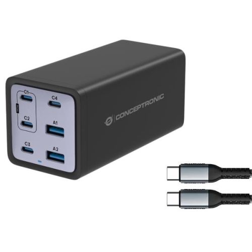 Conceptronic CARICATORE PD USB GaN 6-PORTE da 200 W con cavo di ricarica USB-C, (4x USB-C, 2x USB-A, QC 3.0, PD 3.1, PPS)