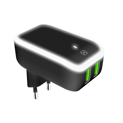 Celly TC2USBLED - 2 USB-A Wall Charger with Night Light 12W [TURBO]