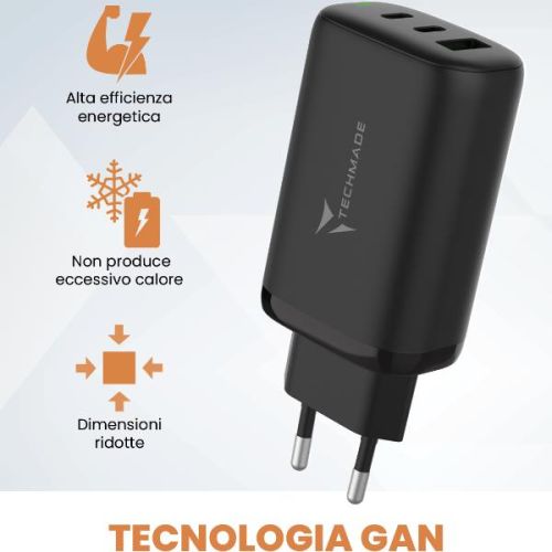 Prodotti Bulk TECHMADE CARICATORE RAPIDO GaN 3PORTE (2 USB-C+1 USB-A) 65 WATT