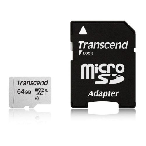 Transcend TS64GUSD300S-A - microSD da 64GB, con adattatore, UHS-I U1 A1