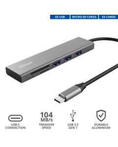 Trust HALYX HUB & CARDREADER USB-C  A 3P USB-A 3.2 + CARD READER SD E MICRO-SD - ALLUMINIO