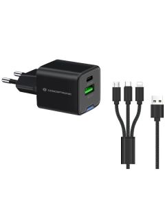 Conceptronic CARICATORE PD USB GaN 2-PORTE da 33W con cavo di ricarica 3 in 1, (1x USB-C, 1x USB-A, QC 3.0, PPS) - NERO