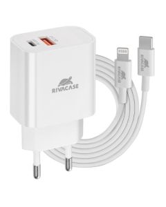Rivacase Wall charger white PD 20W + QC3.0, USB-A + USB-C, with USB-C/Lightning cable